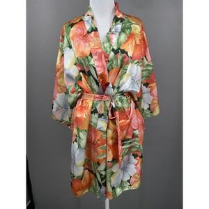 Vintage Val Mode Lingerie Floral Satin Robe Womens M Tropical Hibiscus Kimono